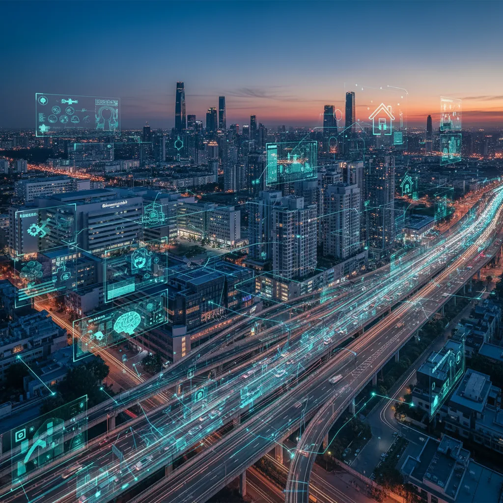 City skyline with digital overlays representing AI-powered applications in various industries