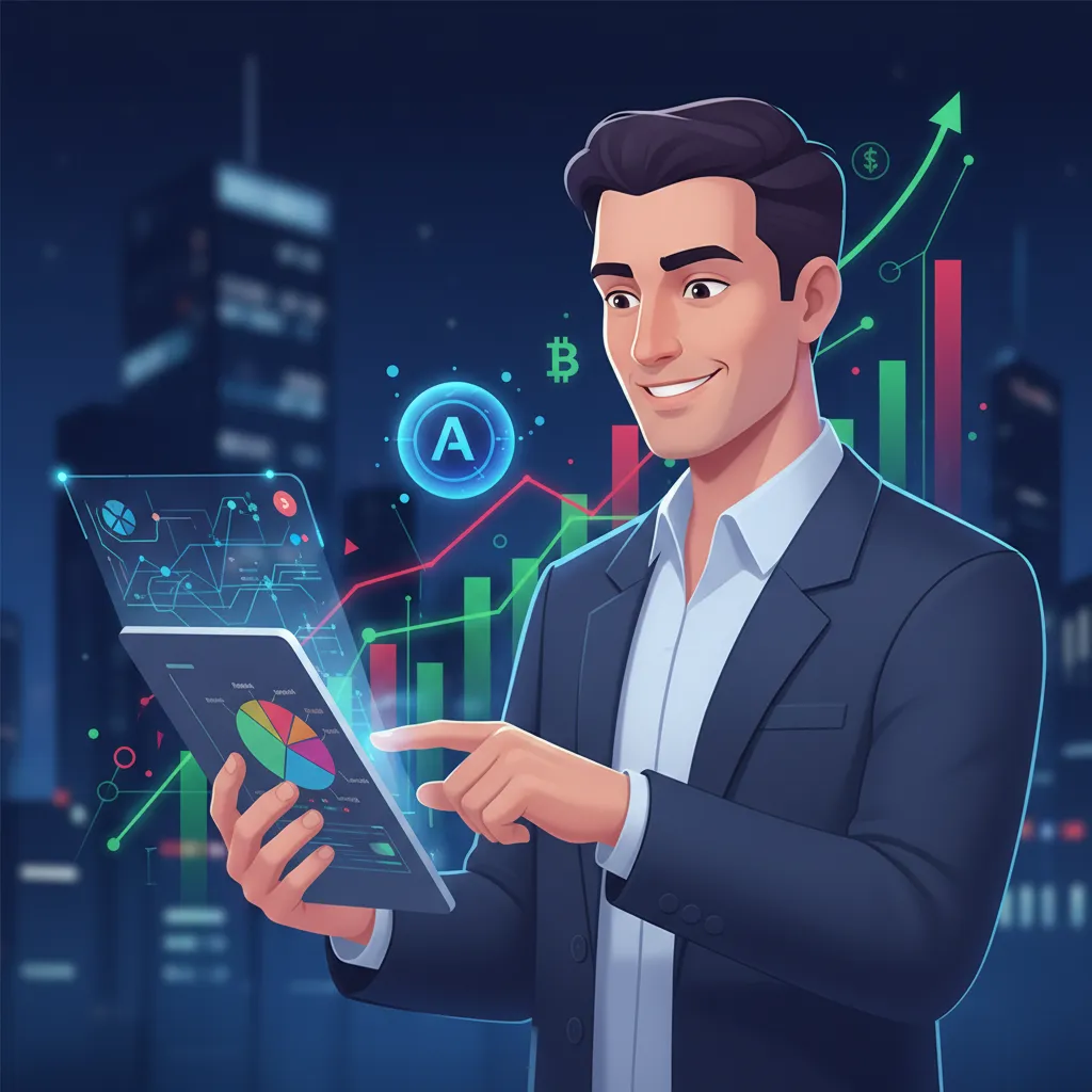 Person reviewing investments on a tablet with AI guidance.