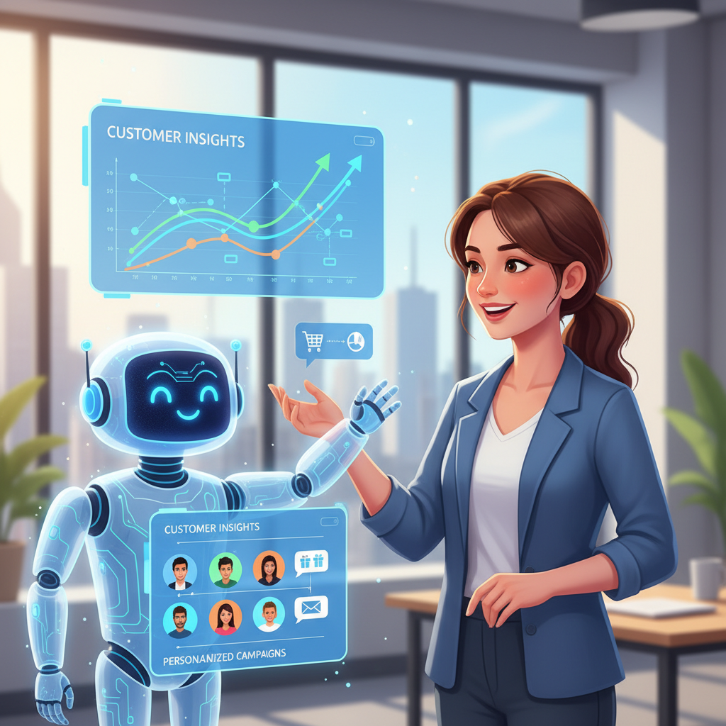 AI assistant helping small business owner with marketing and sales strategies