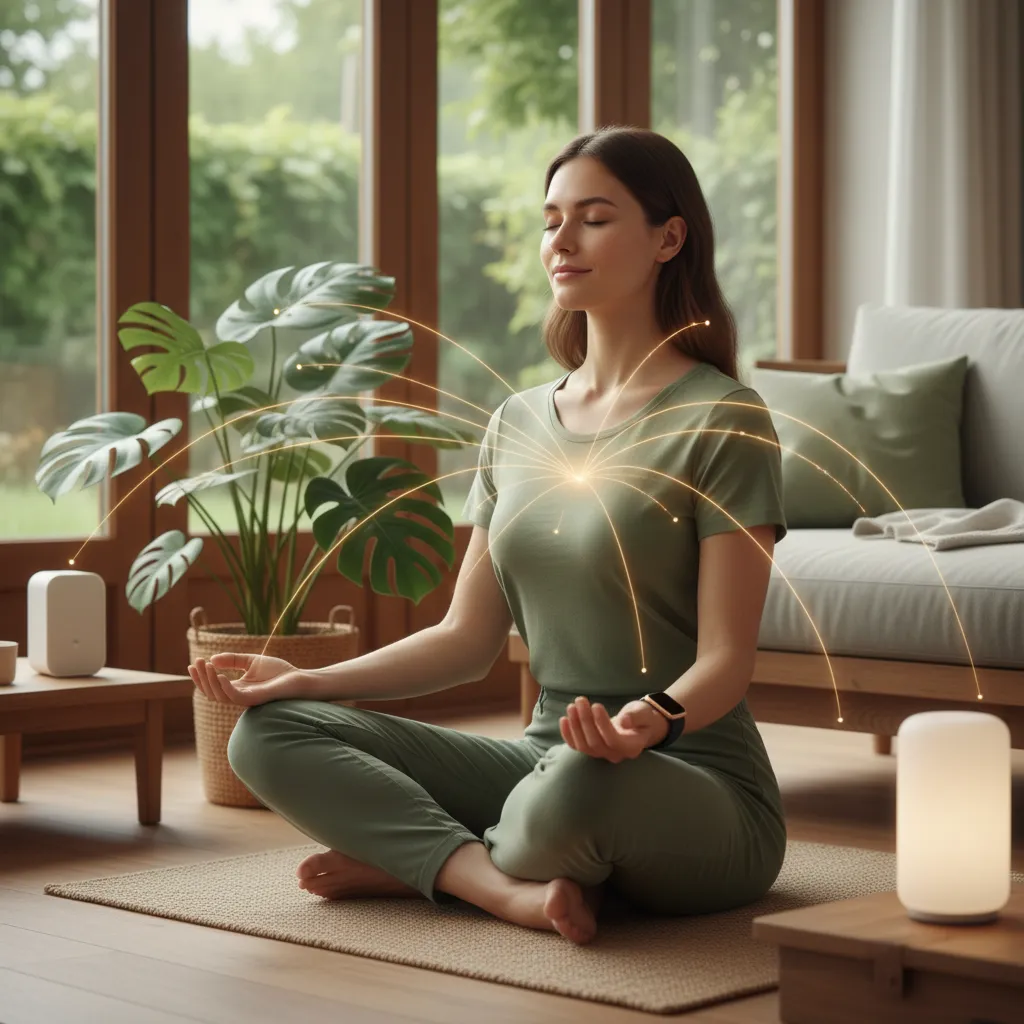 Person meditating with smart watch and plant, symbolizing holistic AI wellness