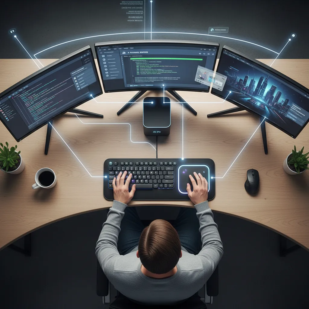 Person efficiently multitasking on an AI PC with integrated AI features