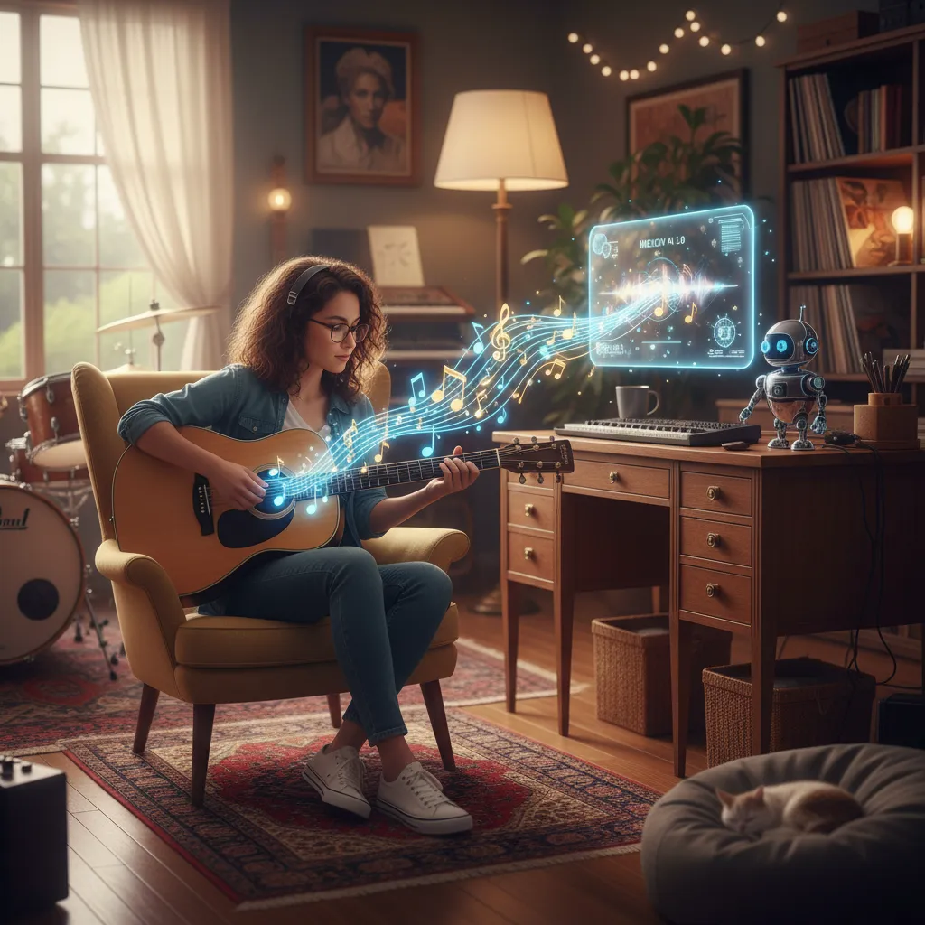 A musician playing guitar next to a laptop displaying an AI music composition interface with soundwaves.