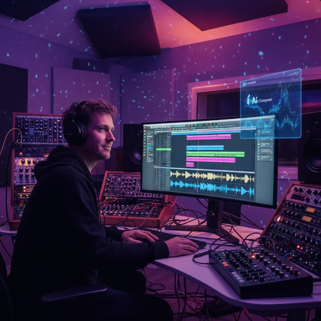 Music producer composing on an AI PC with synthesizers