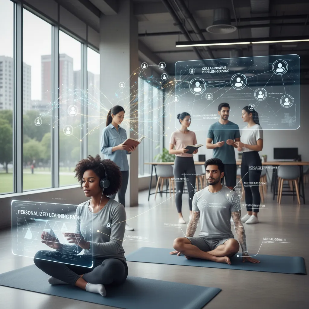 Diverse group engaged in AI-guided personal development