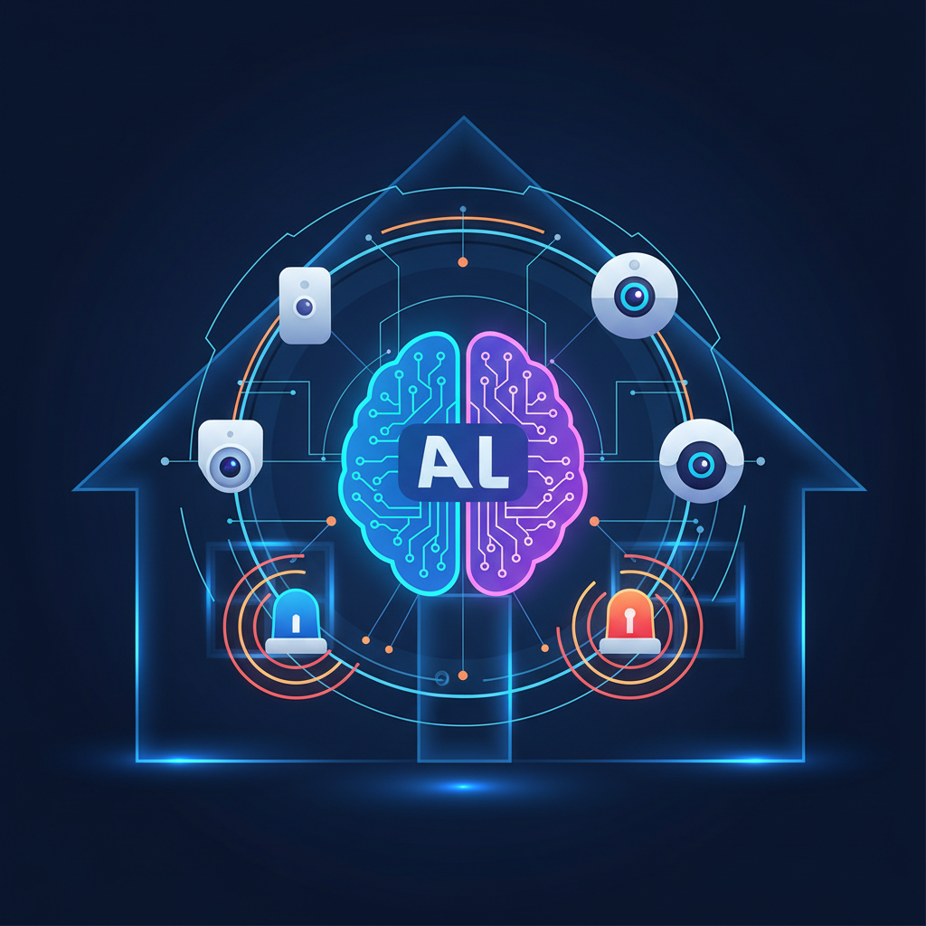 AI brain icon surrounded by smart home security elements, representing AI protection.
