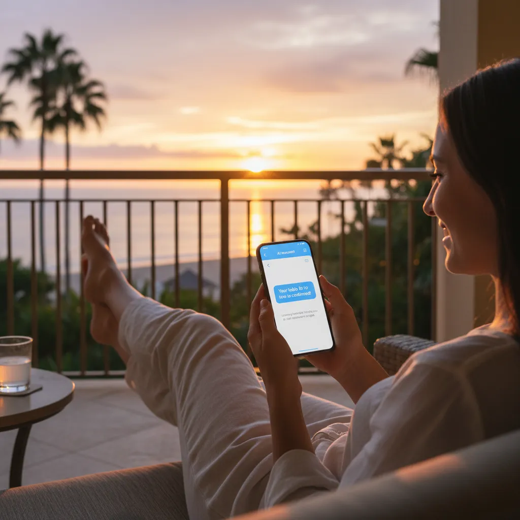 A traveler using an AI-powered concierge on their phone to book a last-minute dinner reservation.
