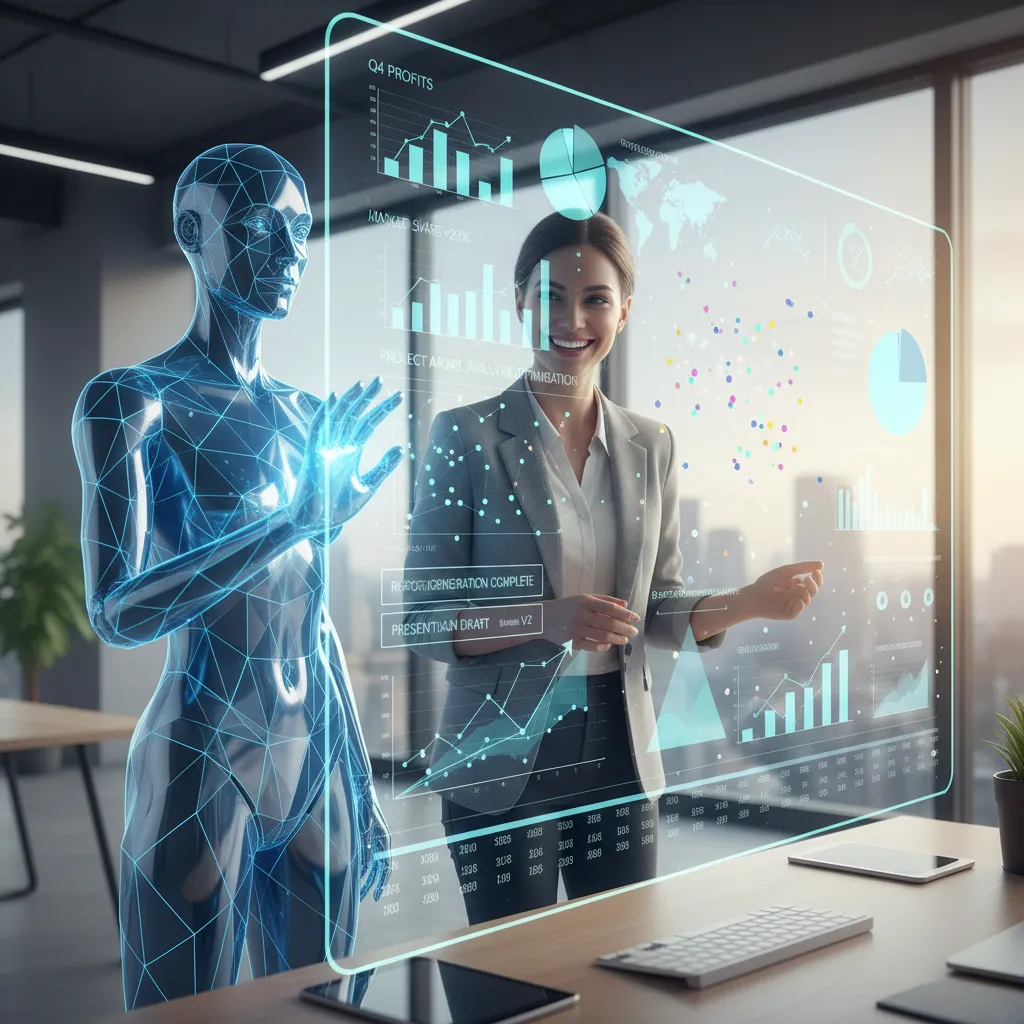 Professional with an AI agent assisting in data analysis in an office