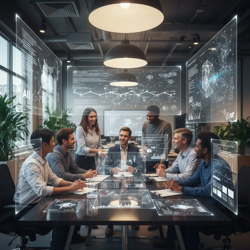 A diverse team collaborating in an office, with AI interfaces and data visualizations assisting their workflow.