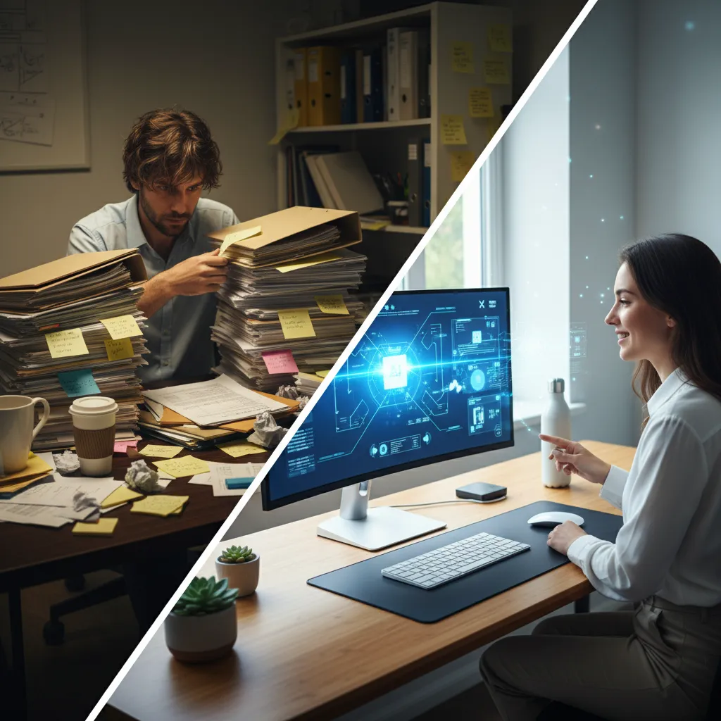 Split image showing chaotic vs. organized desk with AI for productivity.
