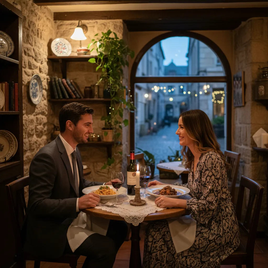 Couple dining at an AI-recommended restaurant in a historic European city.