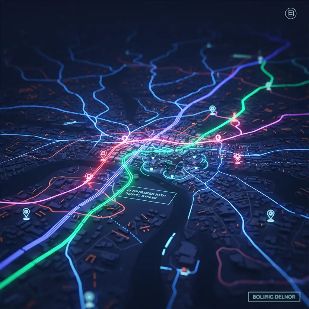 City map showing AI-optimized delivery routes and traffic congestion.