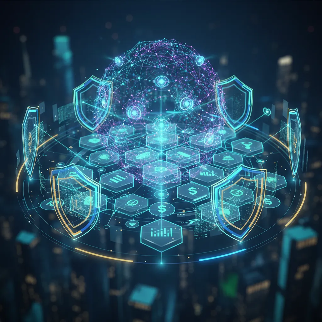 AI-powered security shields protecting financial transactions on a digital ledger.