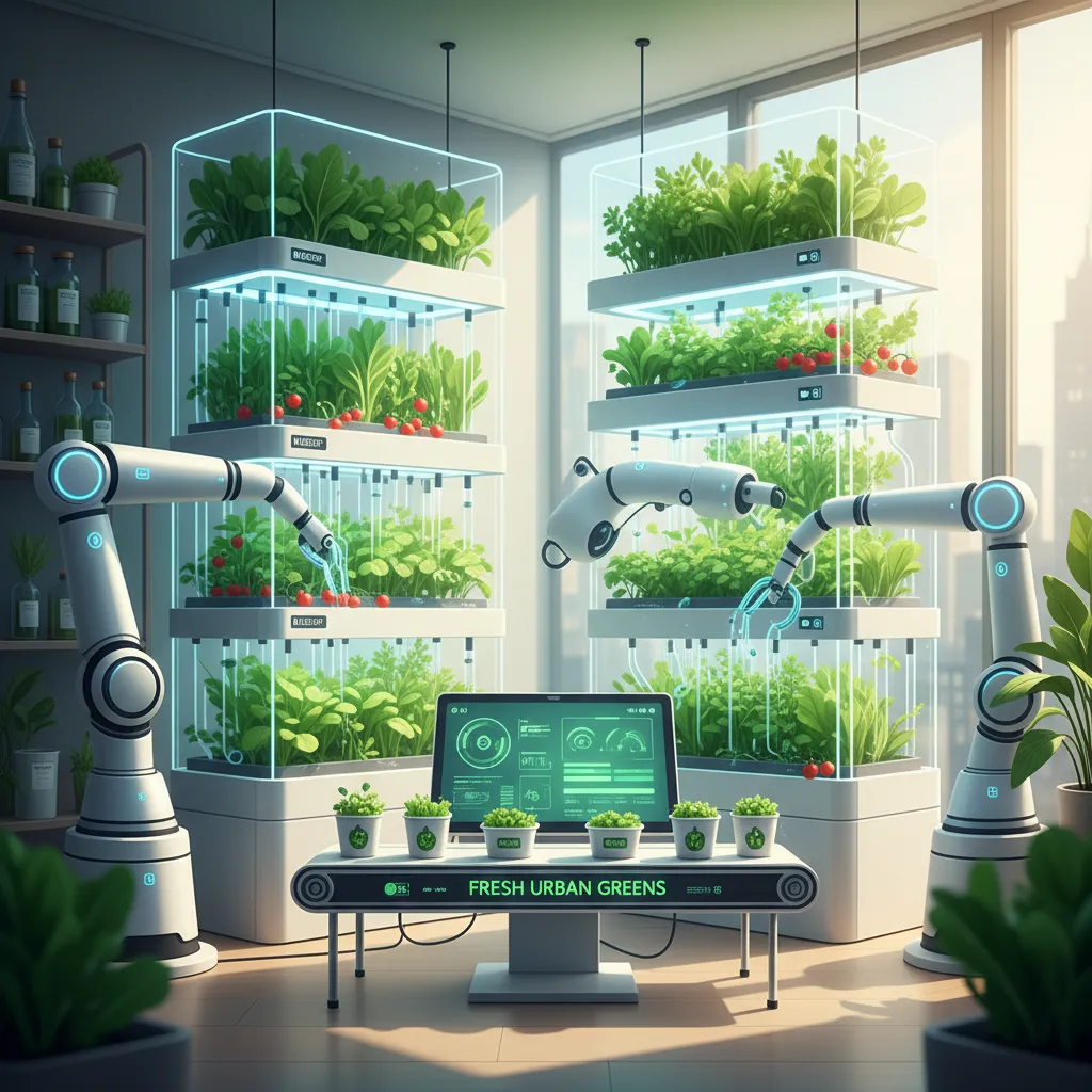 AI powered smart garden with vertical farms in an urban setting, monitored by an automated system.