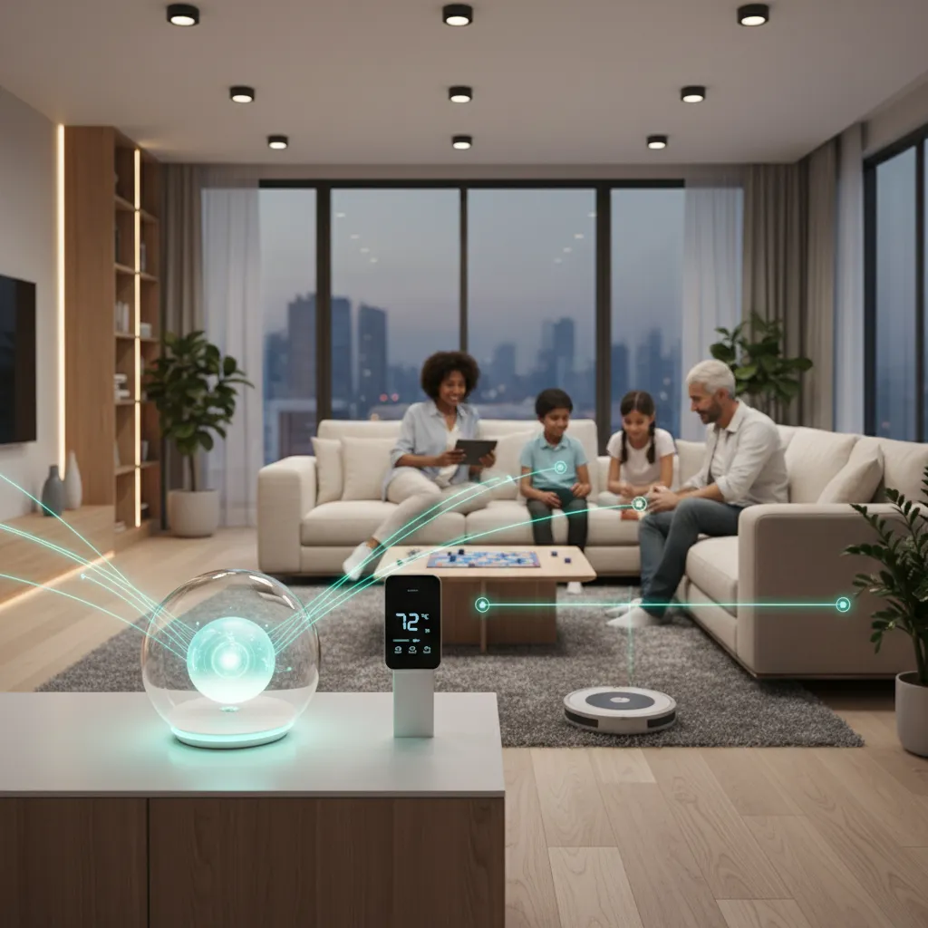 AI-powered smart home hub in a modern living room