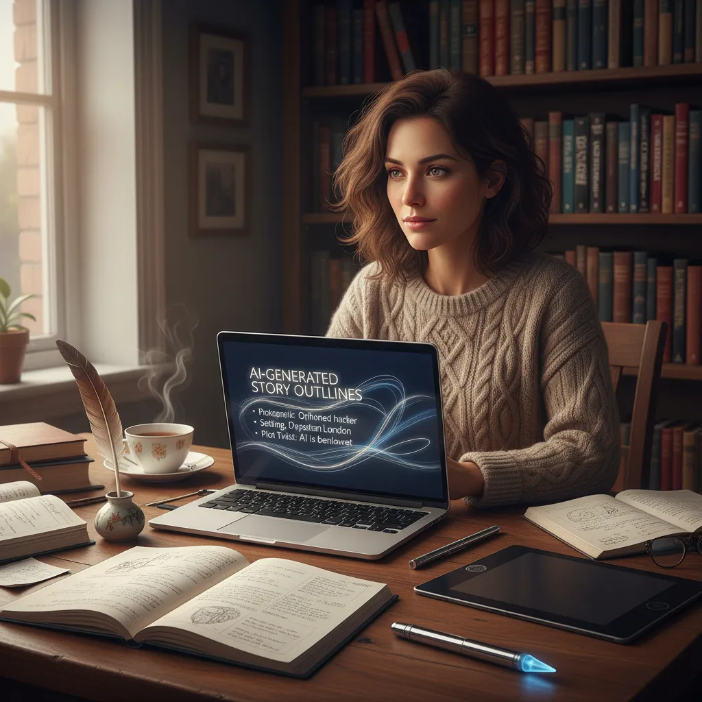 Author with laptop displaying AI story outlines and writing tools.