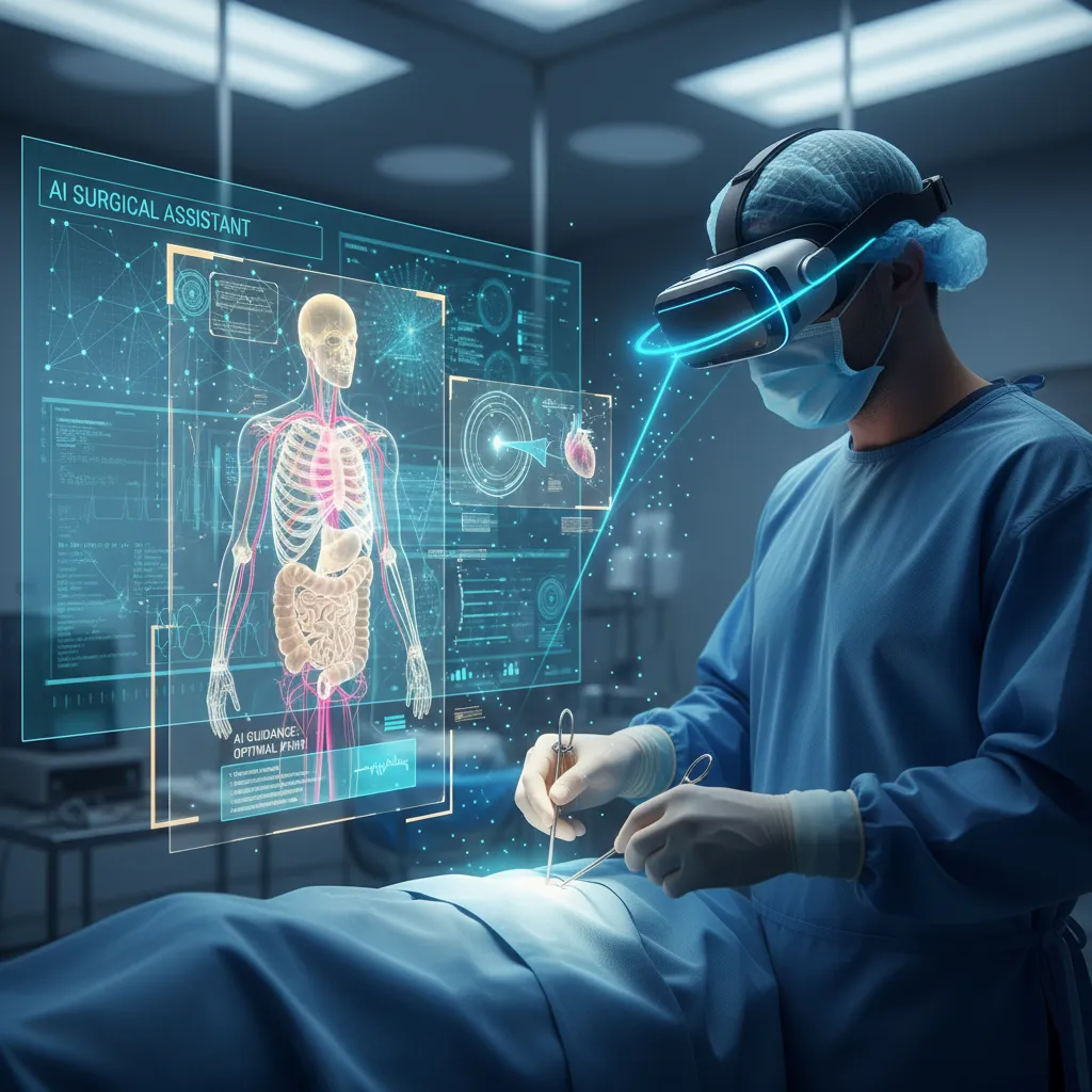 Surgeon using an AR headset for AI-guided surgery with holographic overlays