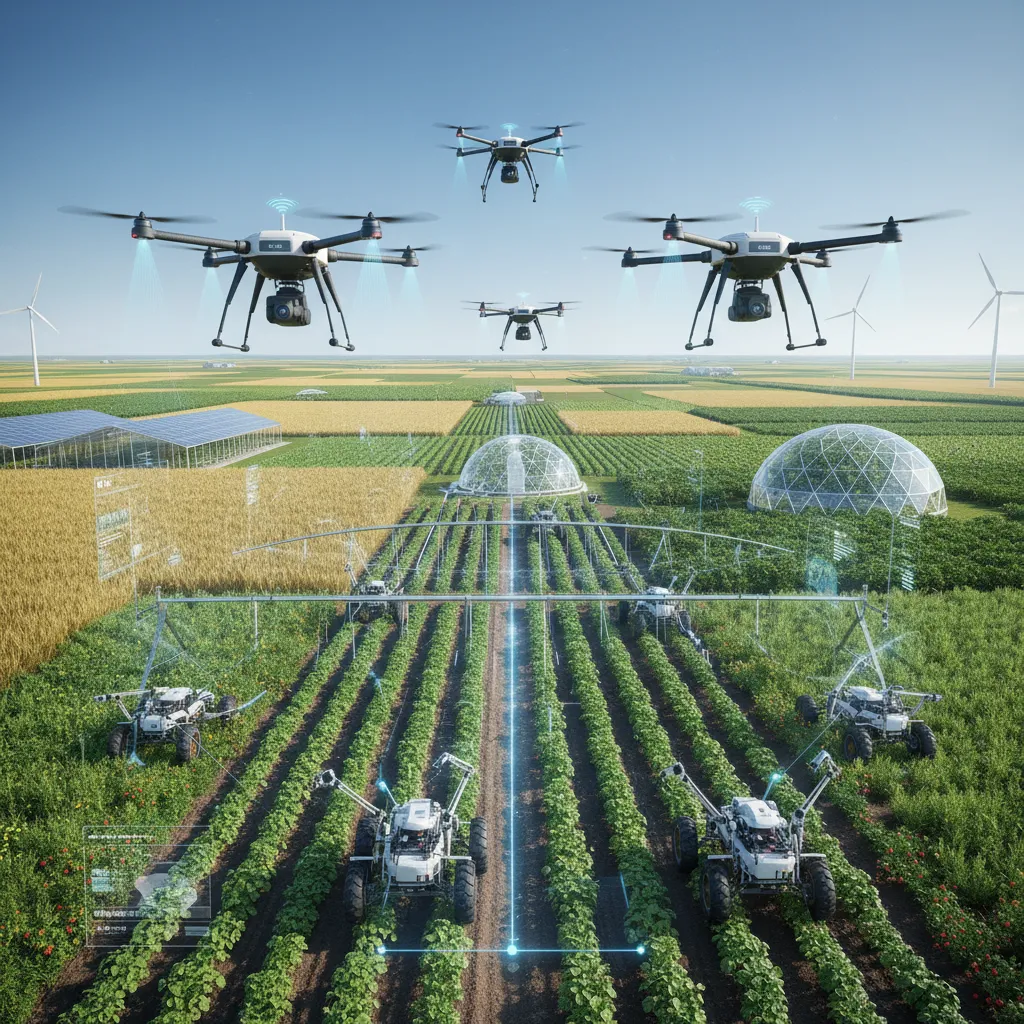 AI drones and robots managing a smart, sustainable farm.