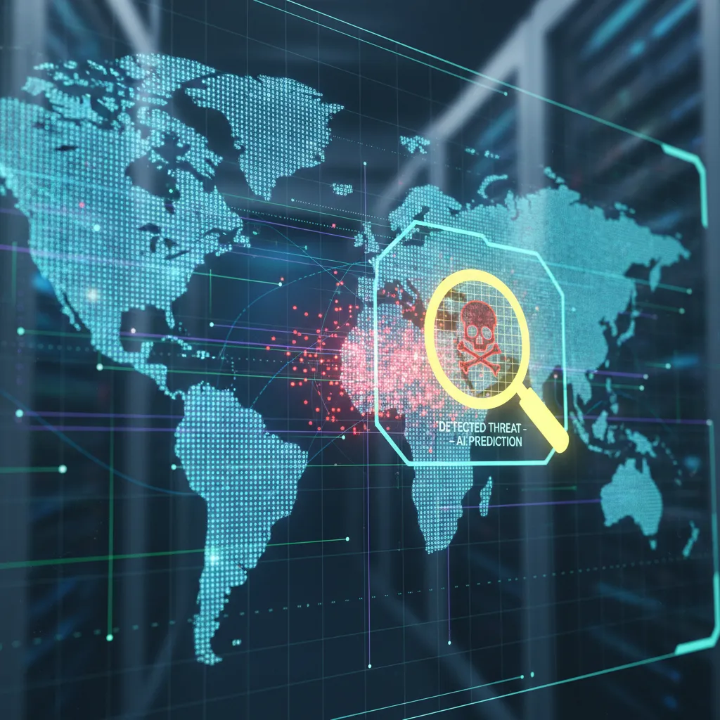 AI identifying and predicting cyber threats on a digital data map