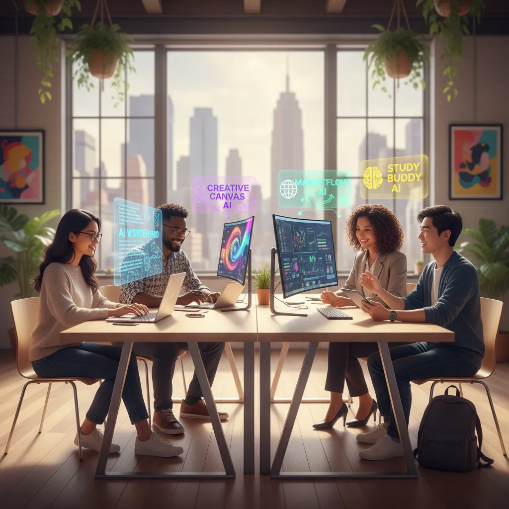 Diverse professionals using various AI tools