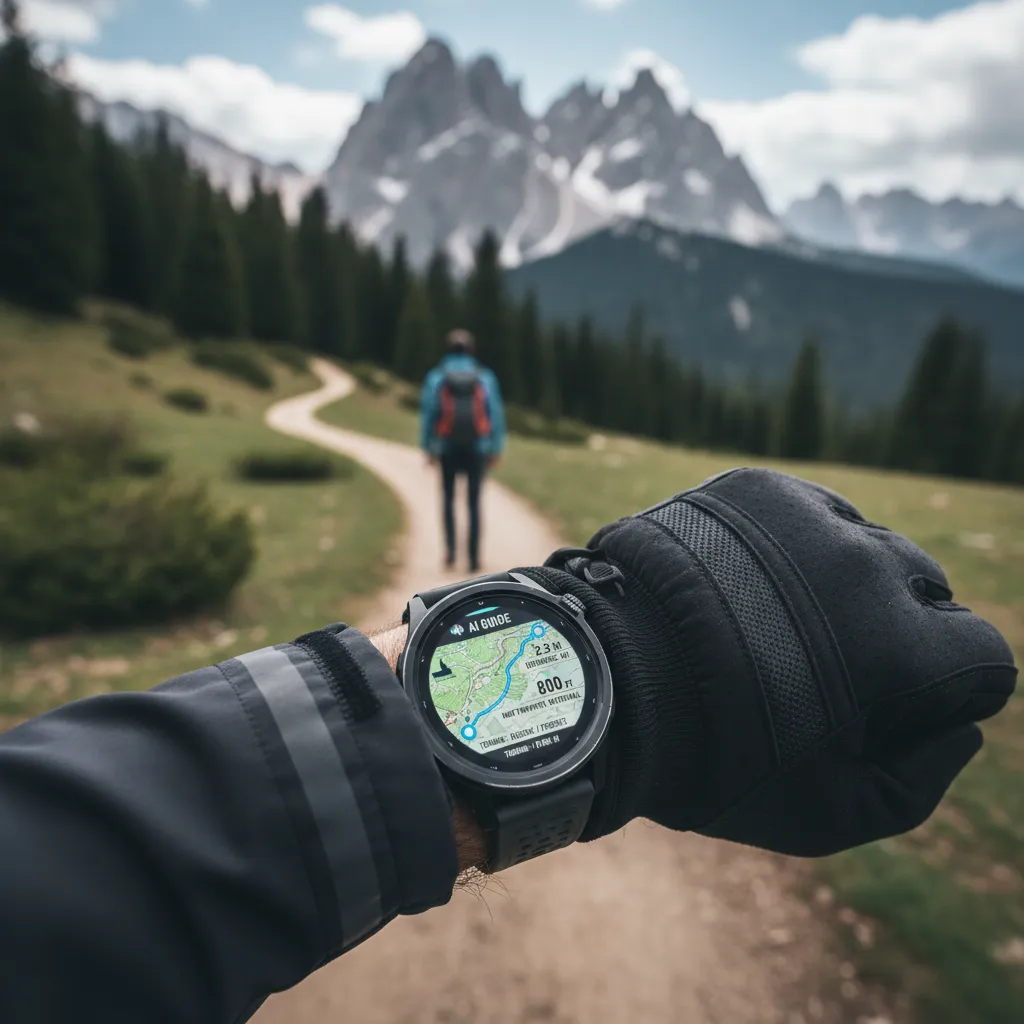 Smartwatch displaying AI navigation on a mountain trail