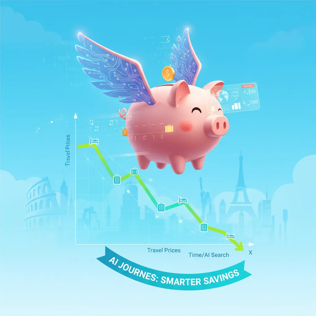 An illustrated piggy bank with wings flying over a graph of decreasing travel prices, symbolizing AI finding great deals.