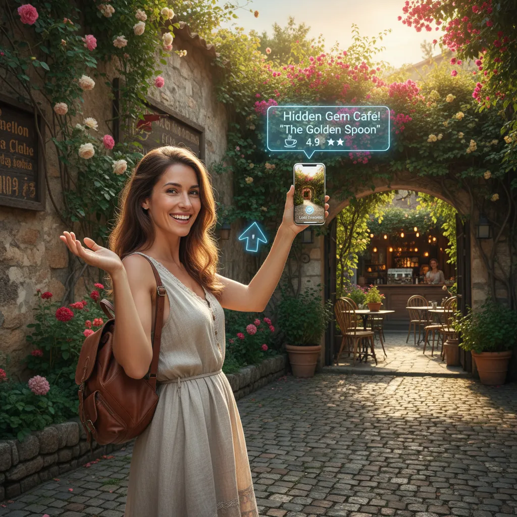 Traveler discovering a hidden local gem with the help of an AI travel assistant's augmented reality guide.