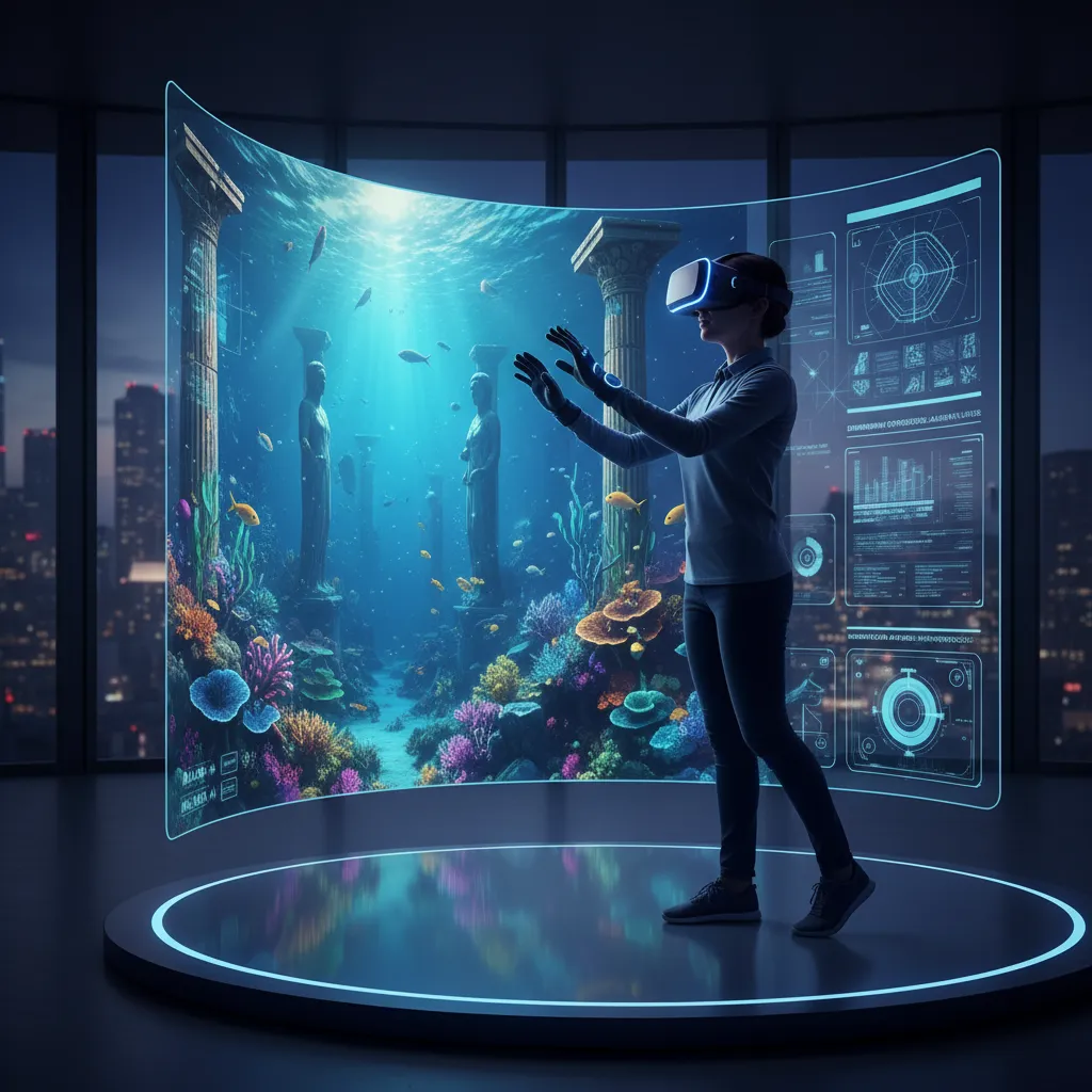 Person experiencing an immersive virtual reality travel experience powered by AI.