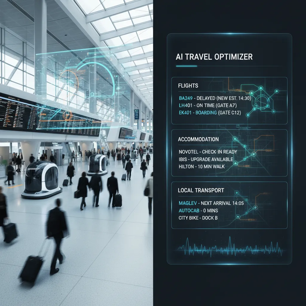 AI dashboard optimizing travel logistics and providing real-time adjustments for a seamless journey.