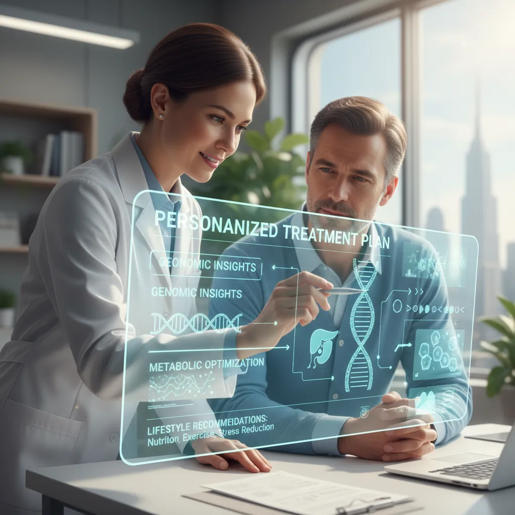 Doctor and patient reviewing AI personalized treatment plan on transparent screen
