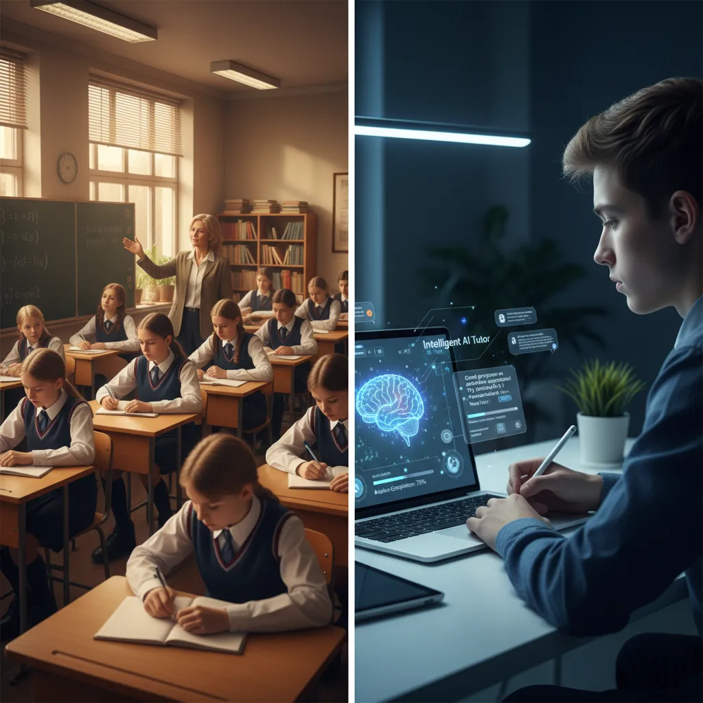 Split image showing traditional lecture vs. student with AI tutor.