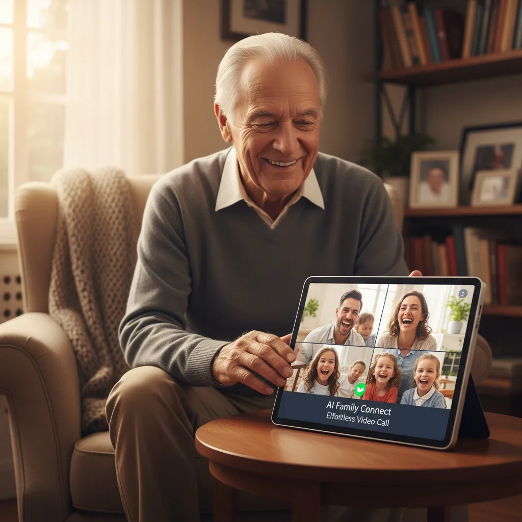Elderly man on video call with family via AI display