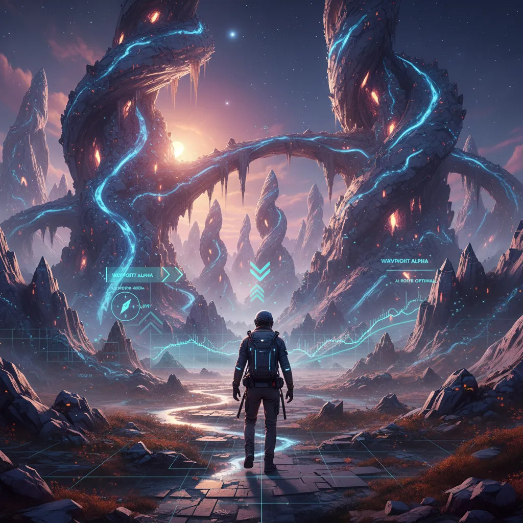 Lone explorer in virtual mountains with AI waypoints.