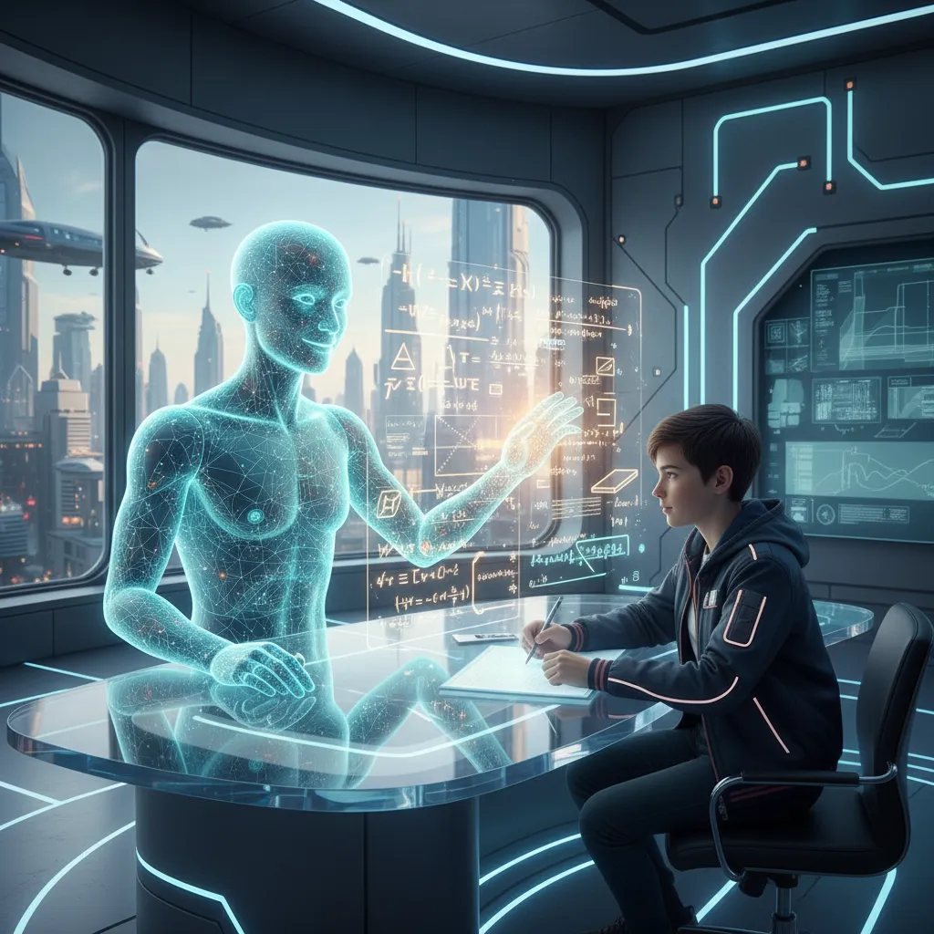 Holographic AI tutor assisting a student with a lesson in a futuristic setting.