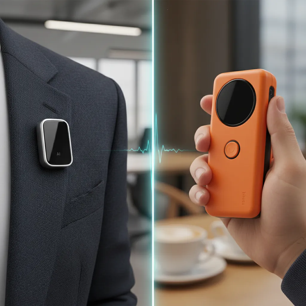 A split-screen image comparing the form factors of the Humane AI Pin and the Rabbit R1.