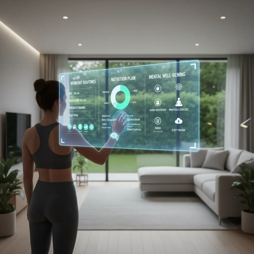 User interacting with a transparent screen showing a personalized AI wellness program.
