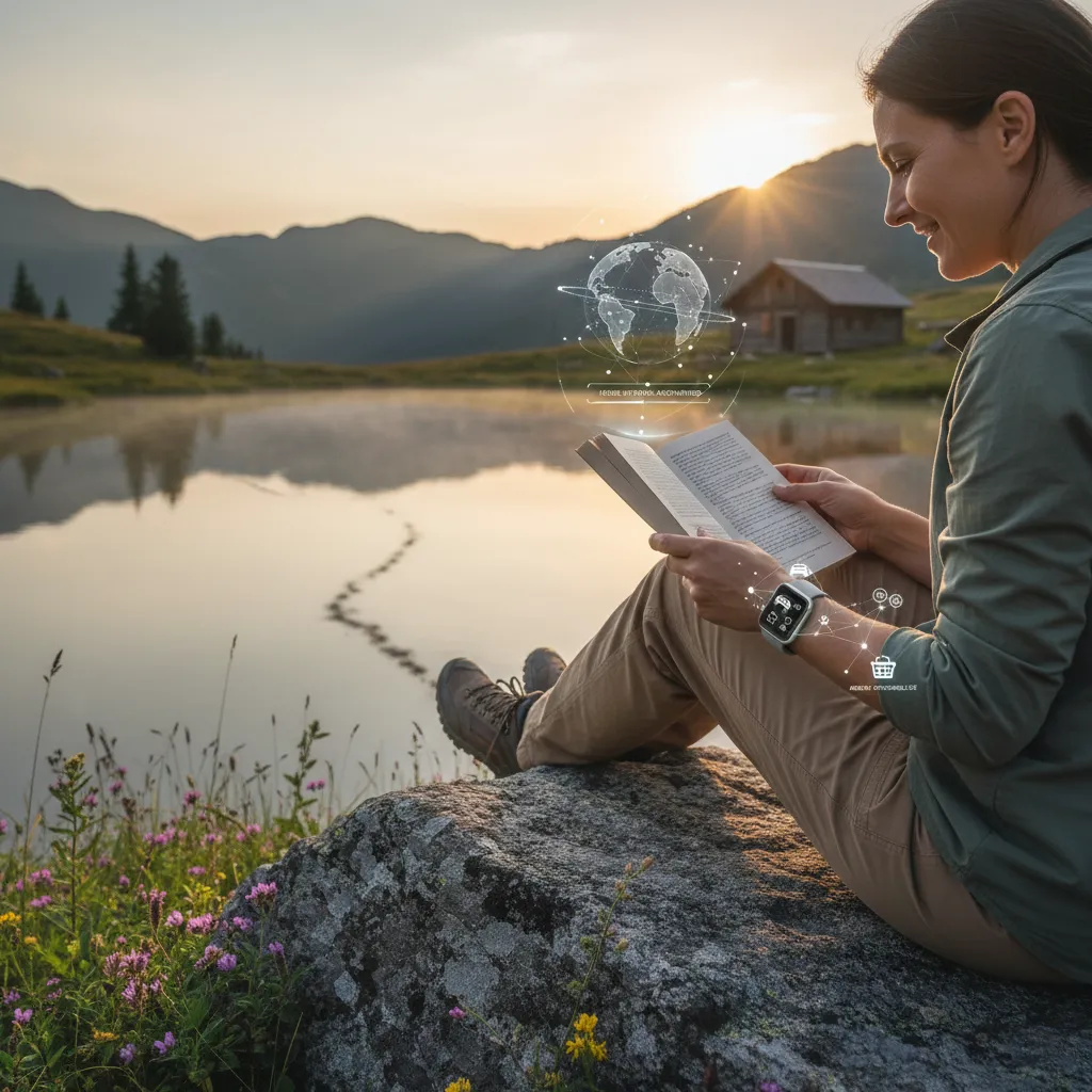 Person relaxing outdoors with AI managing tasks