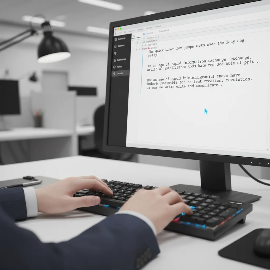 Hand typing rapidly on keyboard with AI writing assistant generating text.