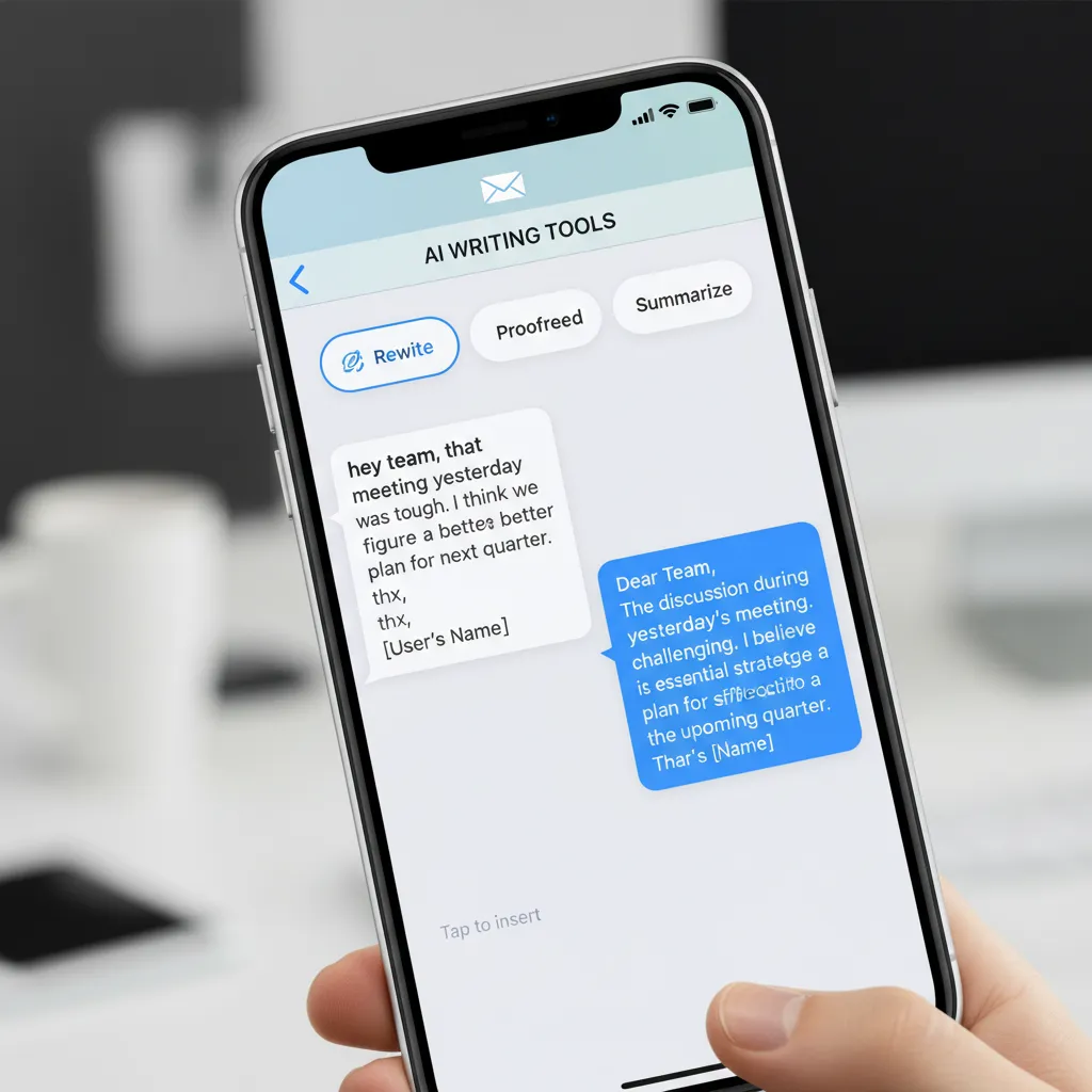 An iPhone showing an email being automatically rewritten and summarized by Apple's AI Writing Tools.