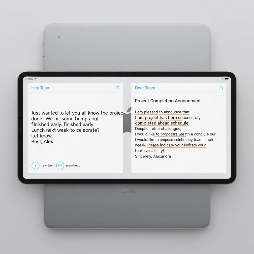 An example of the AI-powered Writing Tools rewriting a paragraph of text on an iPad.
