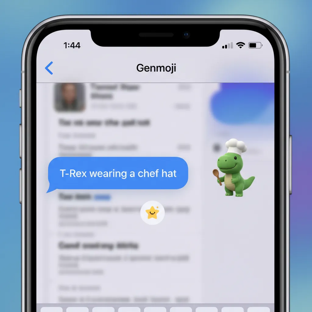 An example of a Genmoji being created on an iPhone, showing a cartoon T-Rex wearing a chef hat.