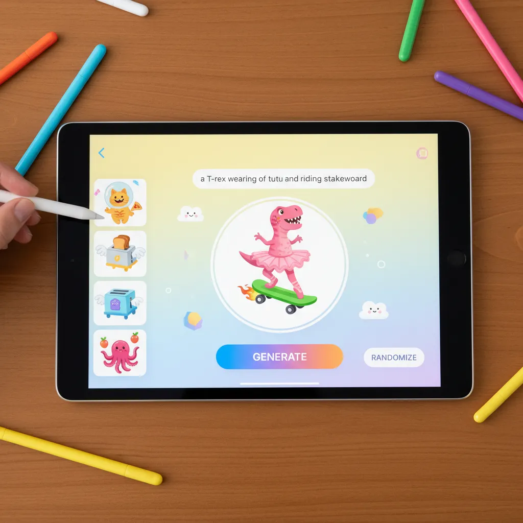 Demonstration of the Genmoji creation tool on an iPad with a T-rex on a skateboard emoji.