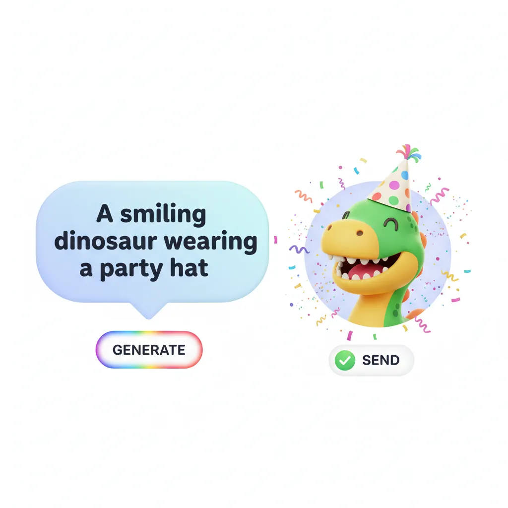 The Genmoji creation interface showing a custom emoji of a dinosaur with a party hat being generated from a text prompt.
