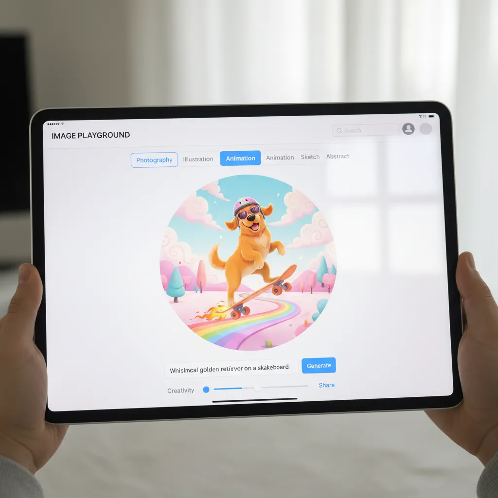 The Image Playground tool on an iPad generating an image of a 'happy dog skateboarding' in animation style.