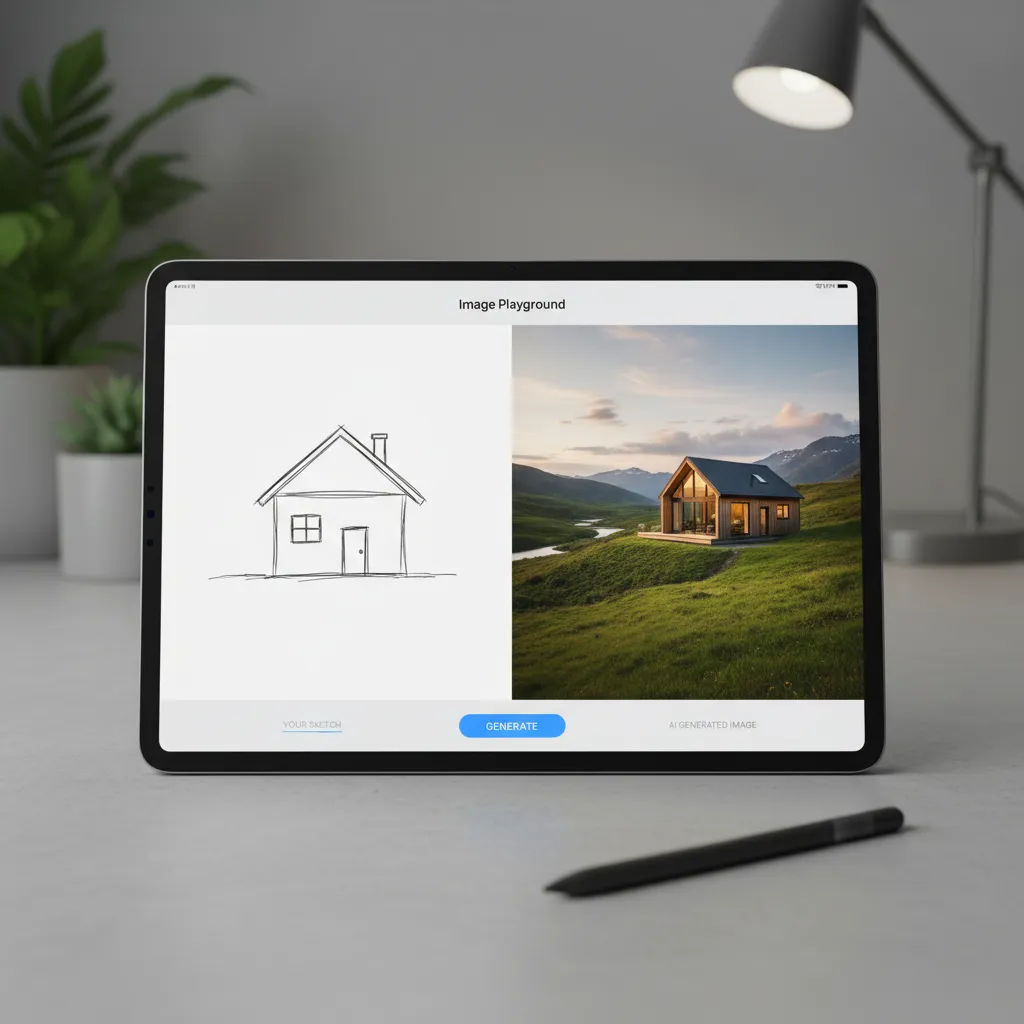 The Image Playground app interface on an iPad, demonstrating the AI image generation from a simple sketch and text prompt.