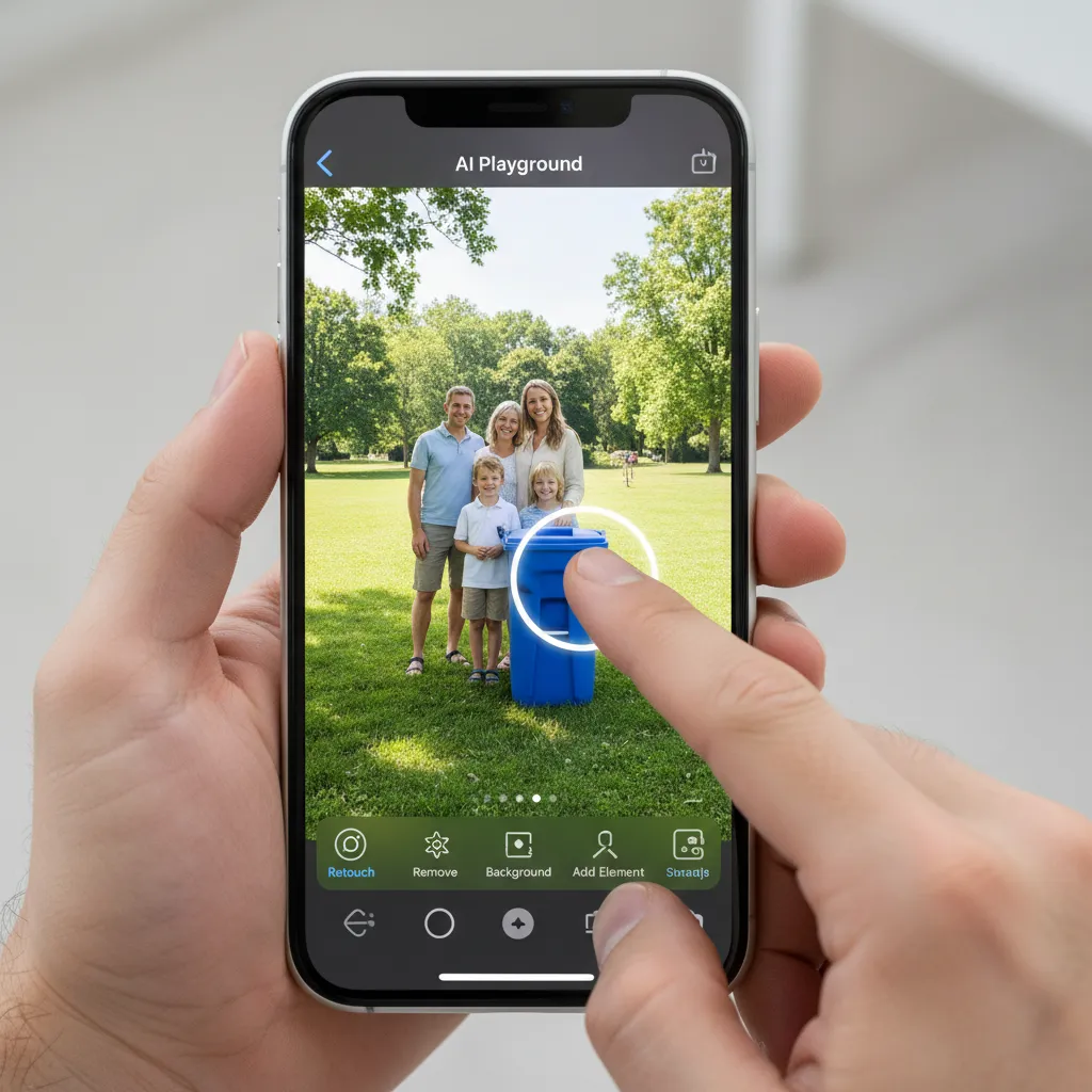 AI-powered photo editing in Image Playground, showing an object being magically erased from a photo on an iPhone.