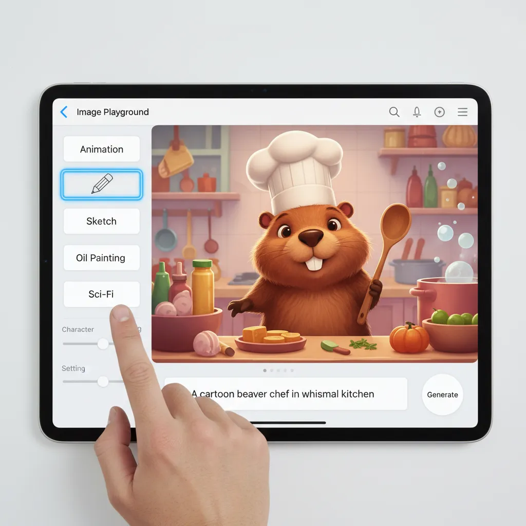 An iPad screen showing the creation of a cartoon beaver in a chef's hat using the Apple Image Playground AI image generation tool.