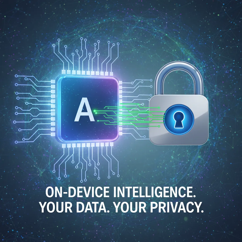 A graphic showing the on-device processing power of Apple Intelligence, with a chip icon and a privacy lock.