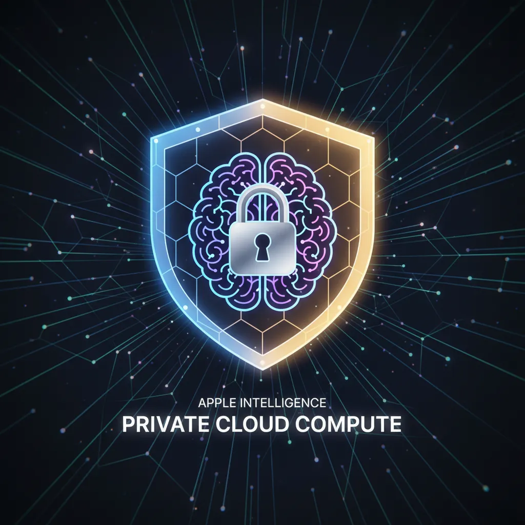 A glowing shield icon protecting a brain, symbolizing the on-device processing and privacy features of Apple Intelligence's Private Cloud Compute.