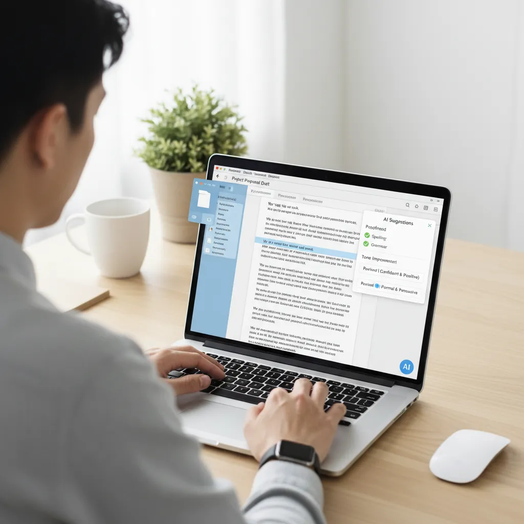 A writer effortlessly editing a document using the new AI Writing Tools in Pages on a MacBook.
