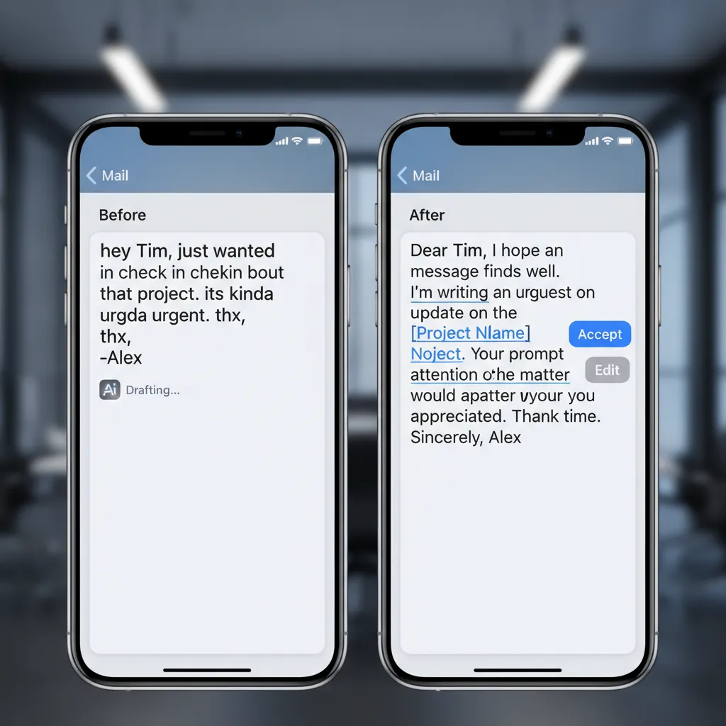 A demonstration of the new AI-powered writing tools in iOS 18 automatically proofreading and rewriting an email on an iPhone screen.